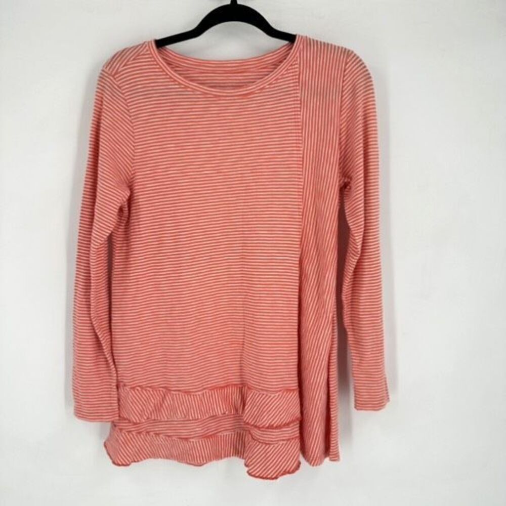 Soft Surroundings Striped‎ Pima Cotton Long Sleeve Blouse Coral Medium White